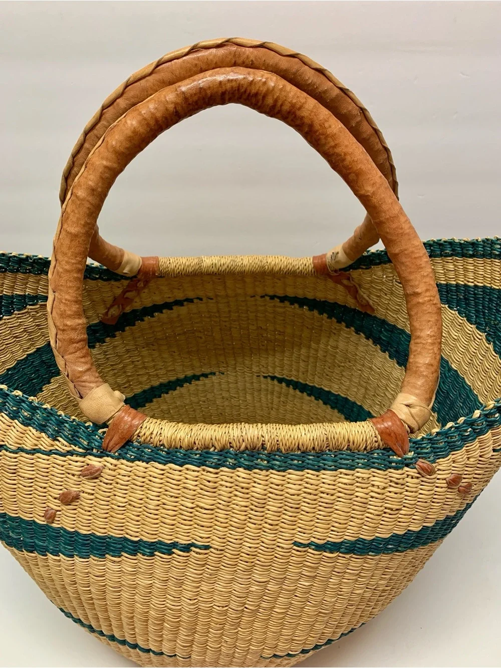 Handwoven Bolga Market Basket with Leather Wrapped Handles Large U Shopper